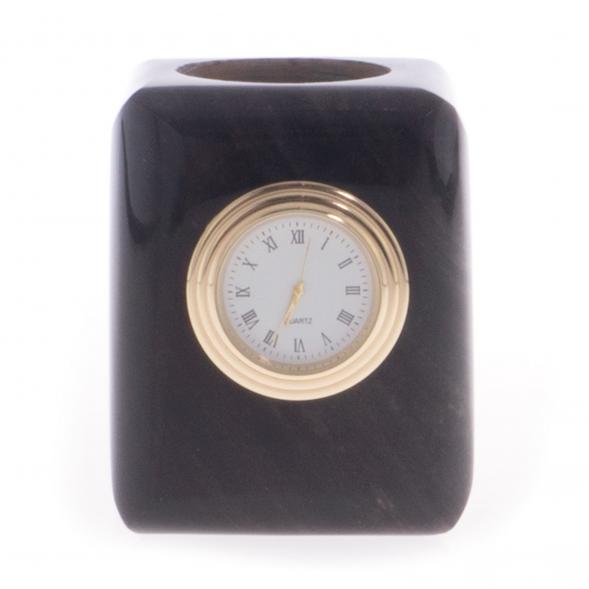 Карандашница с часами из черного обсидиана 6,5х6,5х8 см 122135