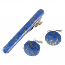 Комплект зажим для галстука и запонки круглые лазурит