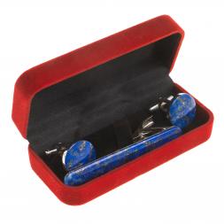 Комплект зажим для галстука и запонки круглые лазурит