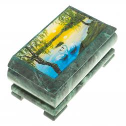 Шкатулка с иллюстрацией "Лебеди на закате" камень змеевик 17,5х9,5х7,5 см