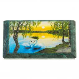 Шкатулка с иллюстрацией "Лебеди на закате" камень змеевик 17,5х9,5х7,5 см