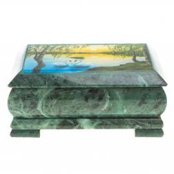 Шкатулка с иллюстрацией "Лебеди на закате" камень змеевик 17,5х9,5х7,5 см