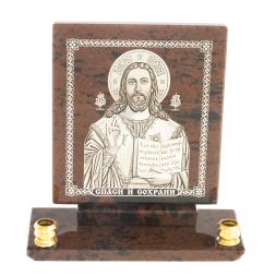 Икона настольная "Спаси и сохрани" из обсидиана с подсвечниками