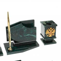 Настольный канцелярский набор с гербом и флагом России камень змеевик