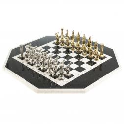 Шахматный стол "Дискобол" мрамор, змеевик на металлической подставке