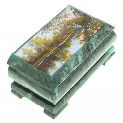 Шкатулка с иллюстрацией "Березы у реки" камень змеевик 17,5х9,5х7,5 см