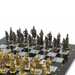 Шахматы "Русские" бронза доска 40х40 см серый мрамор змеевик