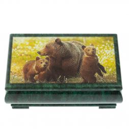 Шкатулка "Медведица с медвежатами" из змеевика 18х10х8,5 см
