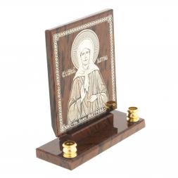 Икона настольная "Св. Матрона Московская" из обсидиана с подсвечниками