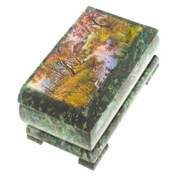 Шкатулка с иллюстрацией "Домик у ручья" камень змеевик 17,5х9,5х7,5 см