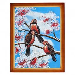 Картина "Снегири" багет дерево 36х46 см, каменная крошка