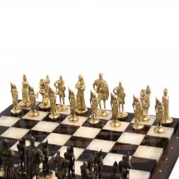 Шахматы "Русские" из бронзы доска 40х40 см камень обсидиан оникс