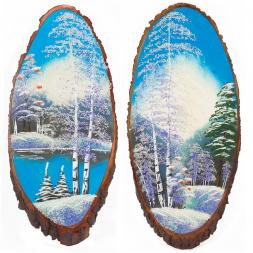 Панно на срезе дерева "Зима" вертикальное 85-90 см каменная крошка