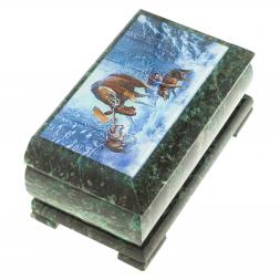 Шкатулка с иллюстрацией "Лось с волками" камень змеевик 17,5х9,5х7,5 см