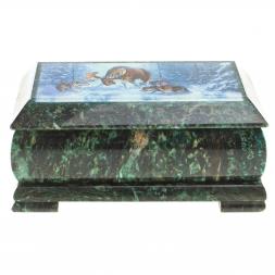 Шкатулка с иллюстрацией "Лось с волками" камень змеевик 17,5х9,5х7,5 см