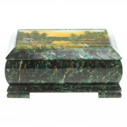 Шкатулка с иллюстрацией "Домик на берегу реки" камень змеевик 17,5х9,5х7,5 см