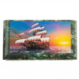 Шкатулка с иллюстрацией "Парусник" камень змеевик 17,5х9,5х7,5 см