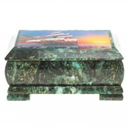 Шкатулка с иллюстрацией "Парусник" камень змеевик 17,5х9,5х7,5 см