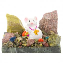 Сувенир "Мышка белая с евро" змеевик самоцветы