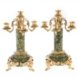 Бронзовые канделябры "Барокко" камень змеевик 5 свечей пара