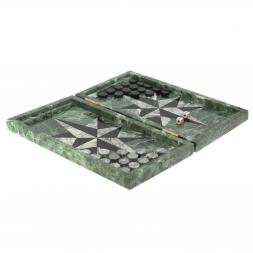 Нарды из камня "Роза ветров" серый мрамор / черный змеевик