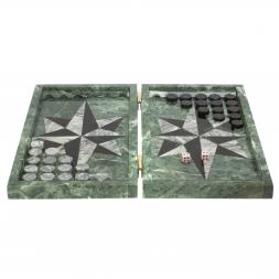 Нарды из камня "Роза ветров" серый мрамор / черный змеевик