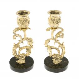 Набор подсвечников 2 шт из бронзы на подставке из змеевика