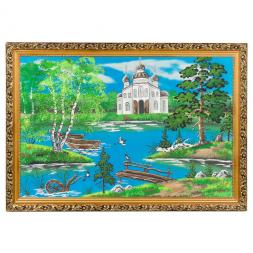 Картина "Церковь летнем на берегу" багет 46х66 см, каменная крошка