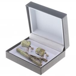 Набор запонки закругленные и зажим для галстука камень желтый апатит