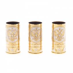 Набор стопок "Герб России" 3 шт в кожаном патронташе Златоуст