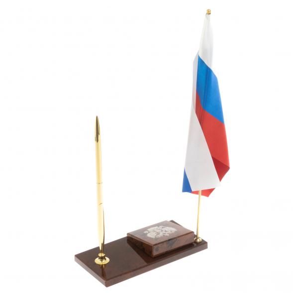 Флаг России с гербом РФ ручкой из коричневого обсидиана 125819