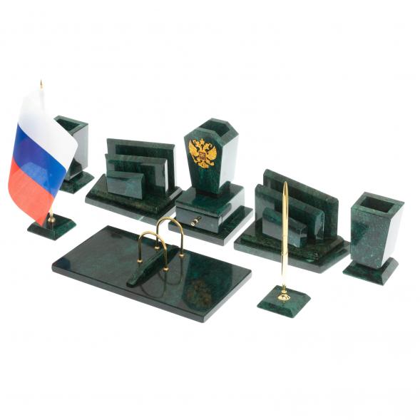 Письменный набор &amp;quot;Бюрократ&amp;quot; камень змеевик с гербом РФ 121389