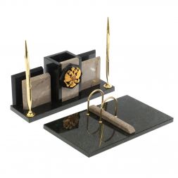 Настольный набор "Офисный" с гербом РФ камень бежевый мрамор