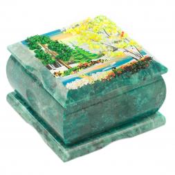 Шкатулка из змеевика рисунок "Весенний пейзаж" 10х10х6,5 см