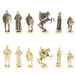 Шахматы "Богатыри" из бронзы доска 44х44 см лемезит змеевик