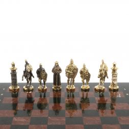 Шахматы "Богатыри" из бронзы доска 44х44 см лемезит змеевик