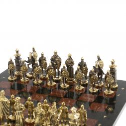 Шахматы "Богатыри" из бронзы доска 44х44 см лемезит змеевик