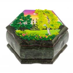 Шкатулка шестигранная с рисунком &amp;quot;Летний пейзаж&amp;quot; 14х12,5х7 см змеевик