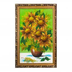 Картина "Букет подсолнухов" багет 46х66 см каменная крошка зеленый фон